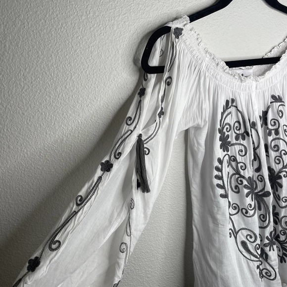 North Shore White Flowy Boho Embroidered Long Sleeve Tunic Top Shirt One Size - Picture 3 of 11